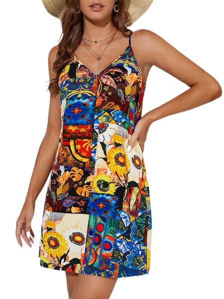 

tall patchwork print v-back cami dress j5fl#, Black;gray
