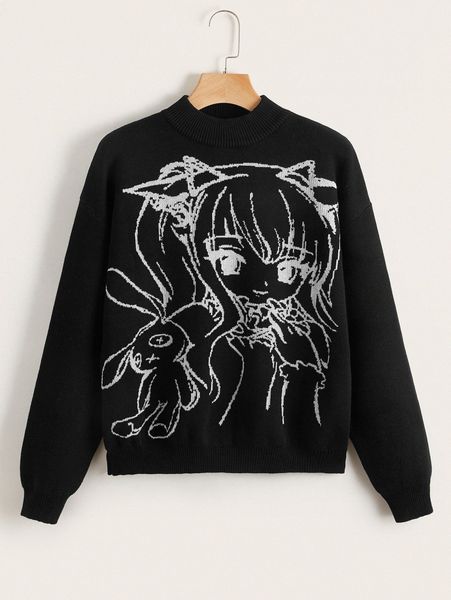 

figure pattern mock neck drop shoulder sweater b09r#, White;black