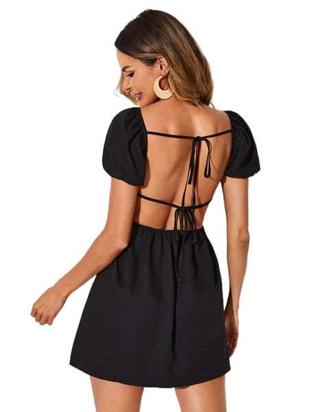 

puff sleeve tie backless a-line dress 28g0#, Black;gray