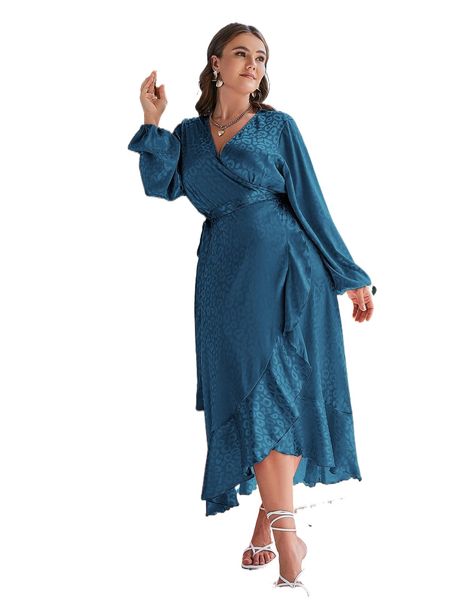 

plus leopard jacquard lantern sleeve ruffle trim wrap belted dress i19i#, Black