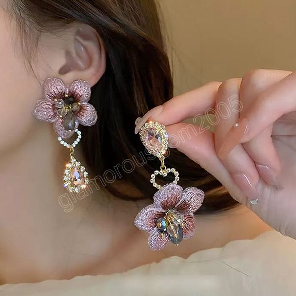 

fashion jewelry s925 silver flower dangle earrings crystal rhinestone water drop pendant flowers asymmetrical stud earrings