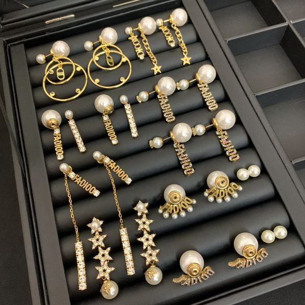 

pearl luxury tassel ear studs celebrity female d letter brass18k gold plated star high-quality women chain earrings, Golden;silver