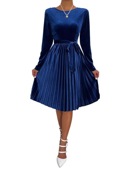 

pleated hem belted velvet a-line dress 06du#, Black;gray