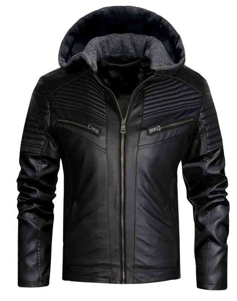 

male black tight-fitting cut casual stylish hooded leather jacket, Black;brown