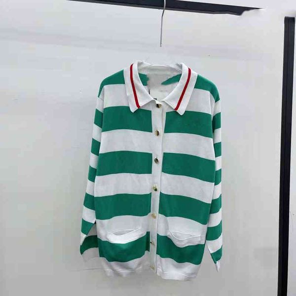 

women's knits & tees spring 2022 baby collar color matching wide stripe long sleeve pocket single breasted knitted cardigan women', White