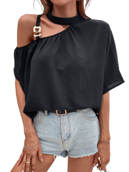 

solid asymmetrical neck blouse 36rx#, White