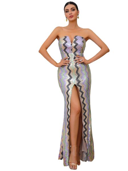 

love&lemonade chevron pattern split thigh sequins dress h5mv#, Black;gray