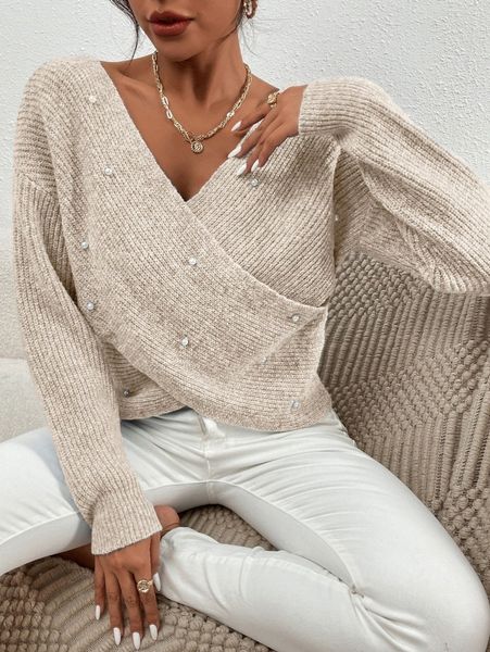 

pearl beaded drop shoulder cross wrap sweater e4x1#, White;black