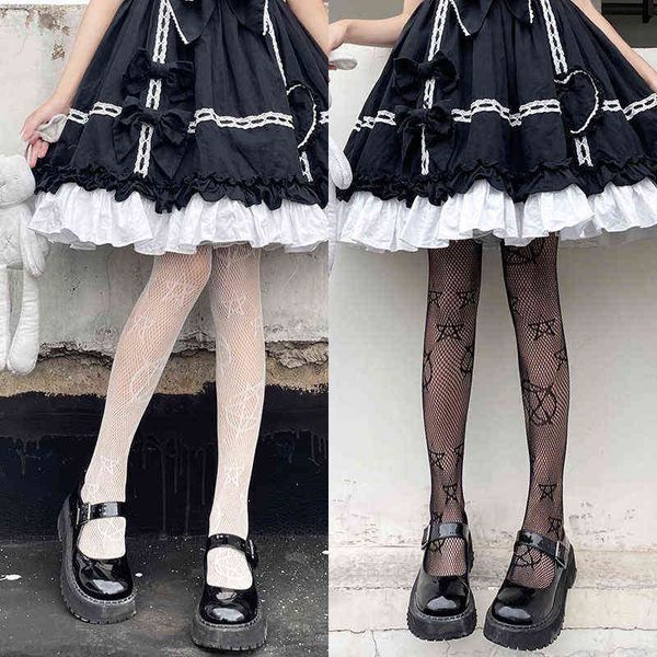 

cute girls lolita anime pantyhose pentacle pattern black fishnet stockings ins style hosiery nylon women's tights punk socks t220808, Black;white