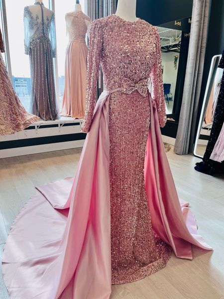 

luxury mermaid evening night dresses 2022 o-neck long sleeves sequin velvet muslim prom formal gowns custom made robe de soiree vestido de f, Black;red