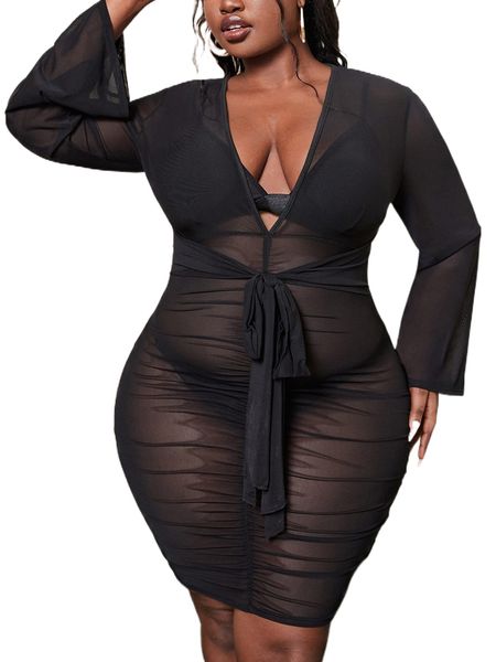 

sxy plus plunging neck ruched sheer mesh bodycon dress without lingerie set k5xm#, Black