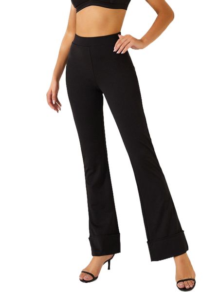 

sbetro solid high waist roll hem pants t6jv#, Black;white