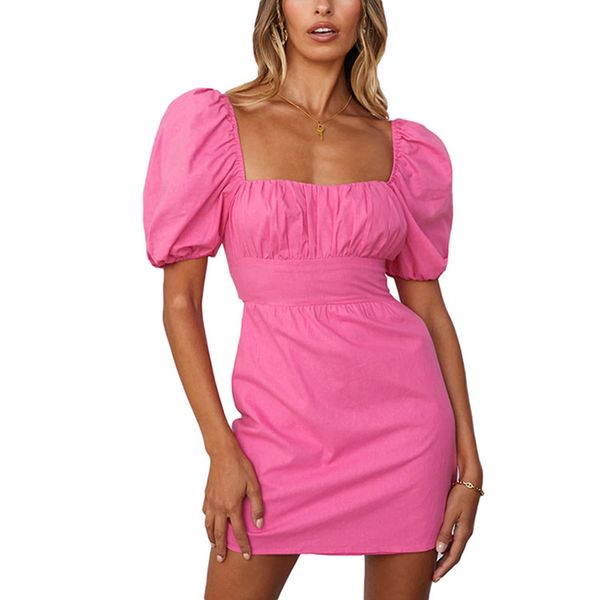 

puff short sleeves column sheath mini dress tied with bow ribbon low back and ruched chest empire waist pure color square neck, Black;gray