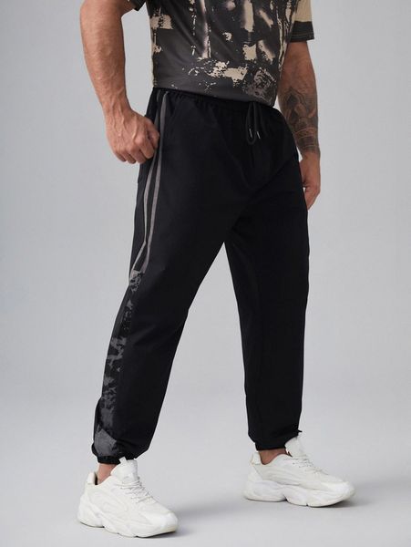 

extended sizes men striped tape drawstring waist pants f2yu#, Black