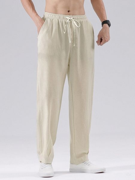 

men slant pockets drawstring waist pants 44aq#, Black