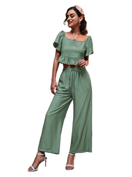 

ruffle hem crop & wide leg pants b4rm#, White