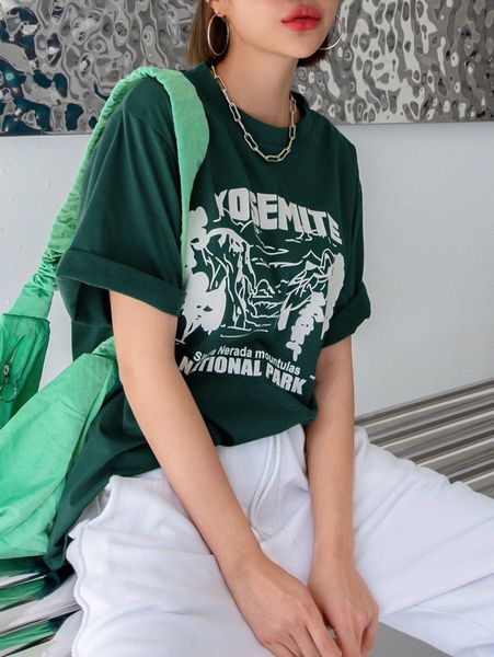 

dazy mountain & letter graphic drop shoulder tee g9jy#, White