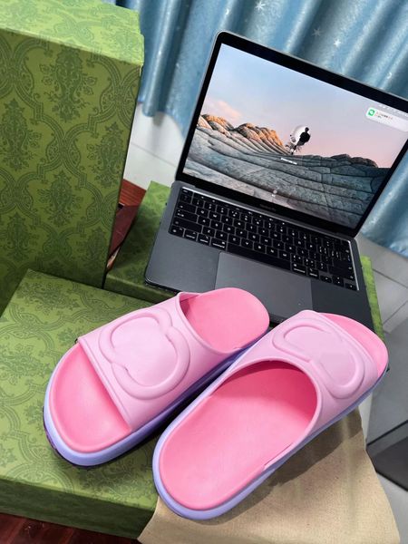 

2022 fashion casual shoes interlocking g womens sandals designer thick sole stretch slip slippers rubber pink purple high heel beach sandal, Black