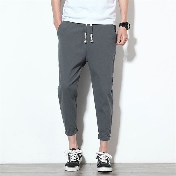 

cotton joggers men summer casual slim ankle length trousers lightweight solid breathable streetwear sweatpants 220719, Black