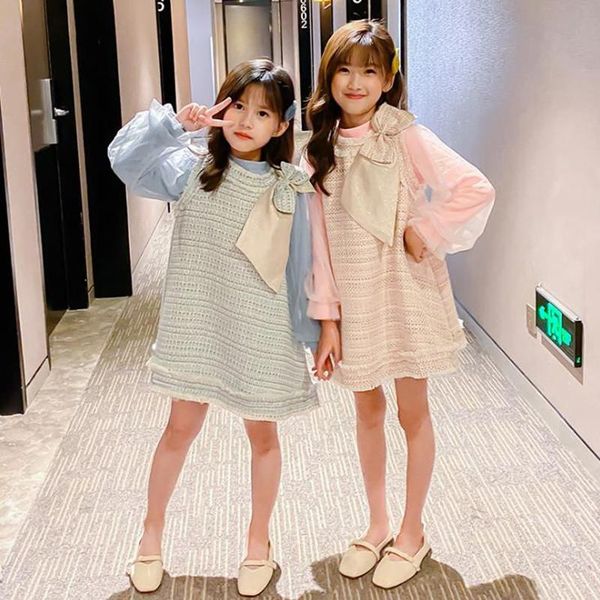 

clothing sets dfxd 2022 fashion 2pc children's clothes set solid full sleeve big bow vest dress outfits girls 3-12t spring, White