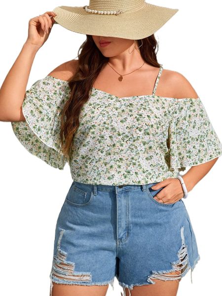 

plus ditsy floral print cold shoulder blouse l1we#, Black