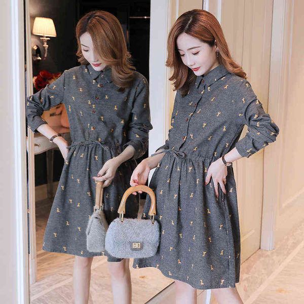 

autumn maternity fashion mother pregnant women loose dress corduroy dress vinrage print female clothing j220628, White