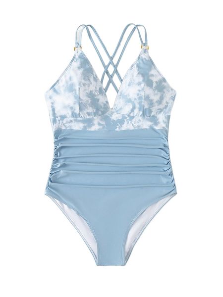 

plus tie dye ruched criss cross one piece swimsuit f3s8#, White;black