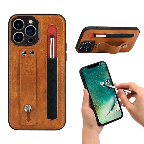 Casos de telefone do suporte da pulseira com caneta de toque para iPhone 12 13 Pro Max Fashion PU Cover de couro anti -queda à prova de choque