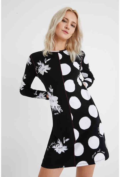 

casual dresses foreign trade pure original spanish single d women's clothing splicing asymmetric printing slim fitting long sleeve dres, Black;gray