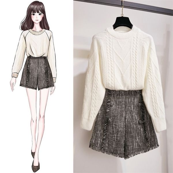 

ichoix winter knitted sweater 2 piece set women shorts set korean style warm 2 piece outfits elegant student 2 pcs set clothing t200325, White