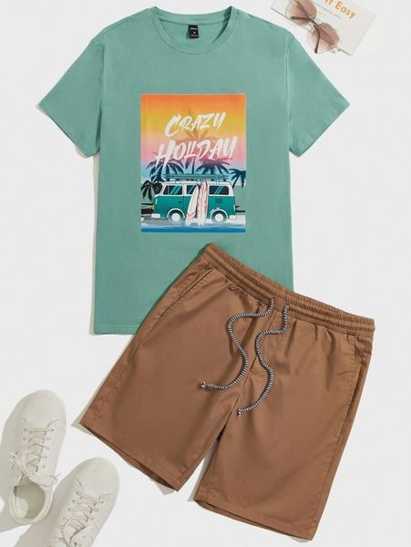 

men tropical print tee & drawstring waist shorts i3fj#, Gray