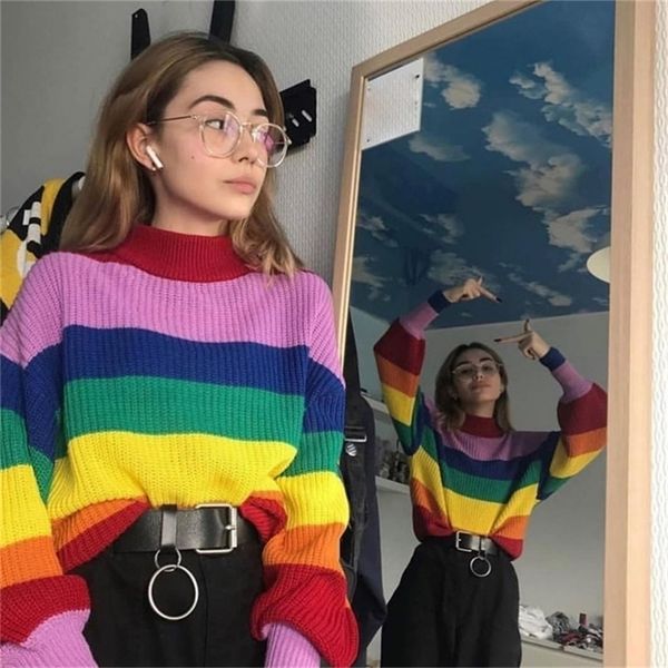 

rainbow sweater round neck color long sleeve shirt autumn sweater shirt women's clothing 02-st-ylzsms 201221, White;black
