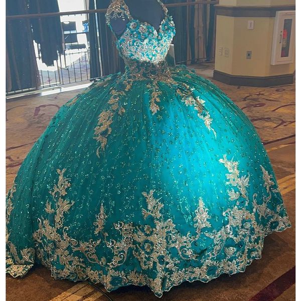 

hunter green sparkly crystal sequined quinceanera dresses with gold appliques lace-up corset prom sweet 15 girls gown, Blue;red