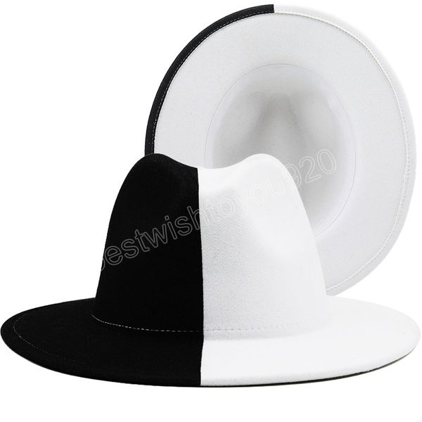 Siyah Beyaz Patchwork Yün Keçe Caz Fedora Şapka Kadın Unisex Geniş Brim Panama Parti Trilby Kovboy Kap Erkekler Beyefendi Düğün Şapka