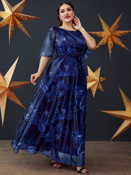 

plus floral print flutter sleeve dress l1yo#, Black