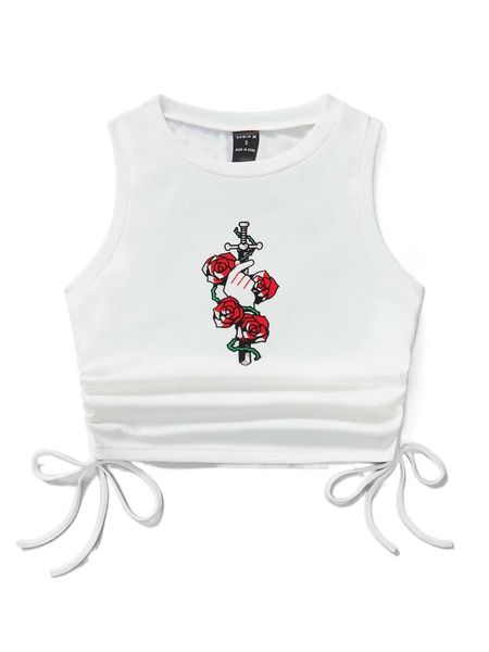 

x byronb gesture & floral print drawstring side tank b4pb#, White