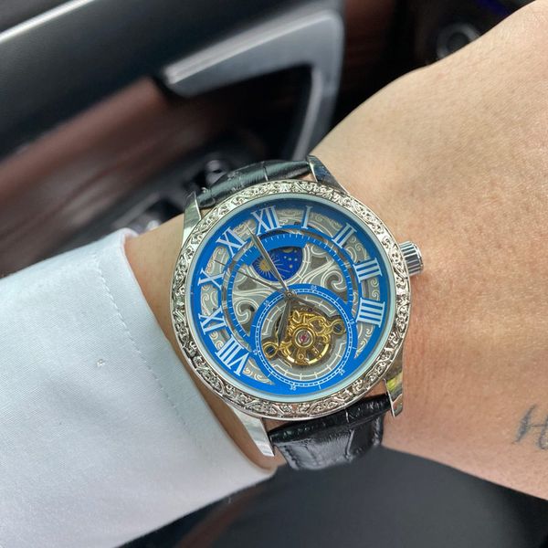

genuine leather strap mens watches mechanical automatic fashion designer luxury men watch moon phase wristwatches for man christmas valentin, Slivery;brown