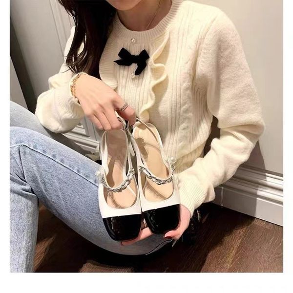 

sandals fairy wind queen empty baotou single shoe lady spring thick heel pearl chain french high-heeled mary jane shoes, Black