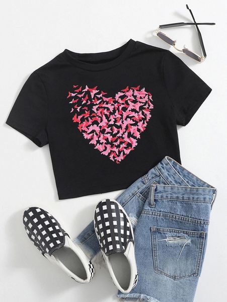 

butterfly & heart print crop tee j0tl#, White