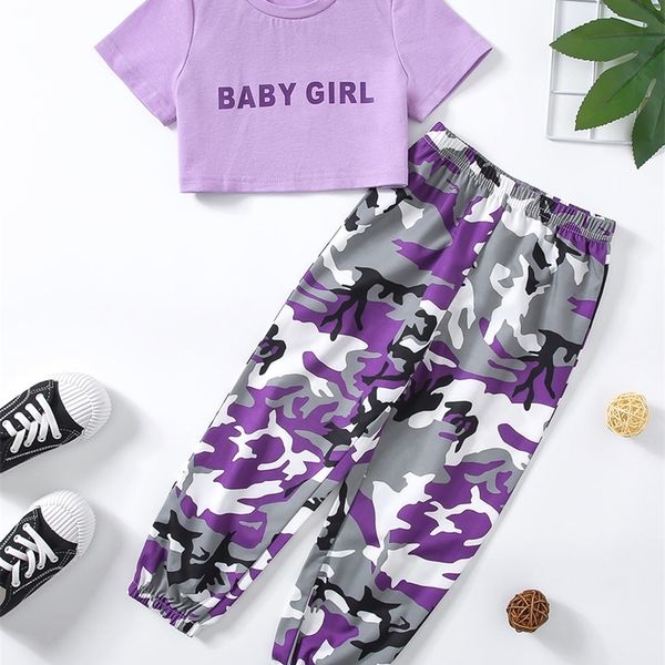 

toddler girls letter graphic tee & camo print joggers she07, White