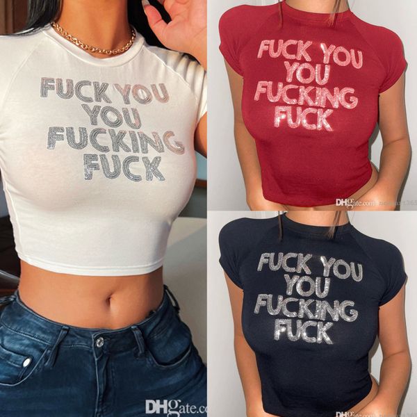 

2022 summer designer womens t-shirt with sequin letter printing casual tight short sleeve simple open navel, White