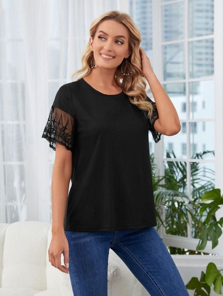 

emery rose contrast lace round neck tee e5dp#, White
