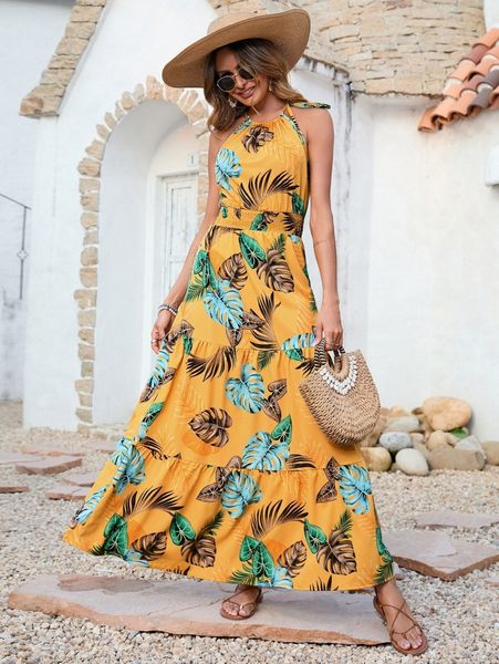 

tropical print shirred waist flounce hem dress c0nn#, Black;gray