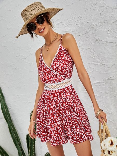 

allover floral print contrast lace cami jumpsuit m057#, Black;white