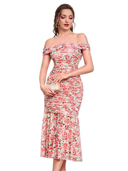 

allover floral print off shoulder mermaid hem dress y4br#, Black;gray