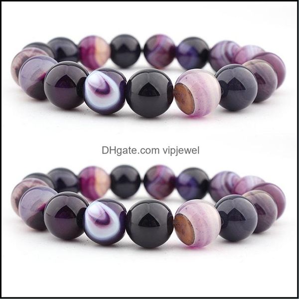 Altri braccialetti Gioielli Bracciale in cristallo naturale 14 mm Bracciale in agata a strisce viola con perline fai da te Bracciale da donna H541 Dhszh