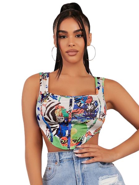 

sxy allover print curved hem tank b7zr#, White