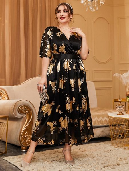 

plus golden floral print overlap collar dress v88e#, Black
