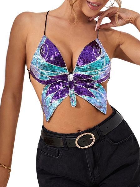 

butterfly shaped lace up backless sequin cami b9a7#, White