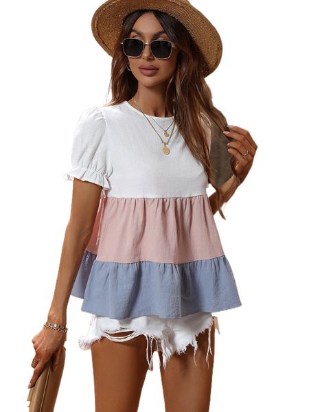 

color-block flounce sleeve babydoll blouse w15n#, White
